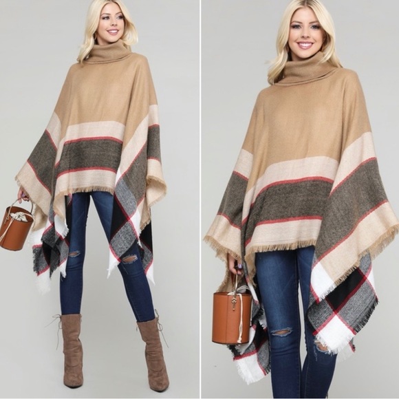 034 Cozy Brown Turtleneck Plaid Poncho - Picture 10 of 10
